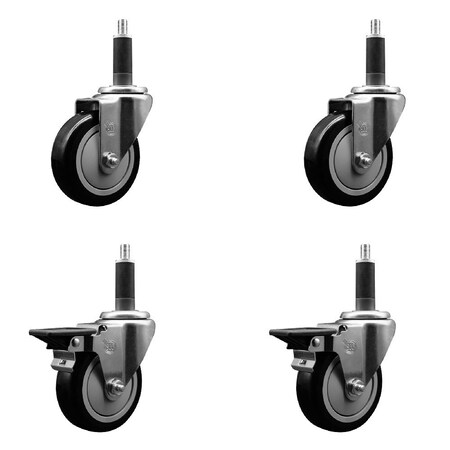 Service Caster 4'' Black Poly Wheel Swivel 1'' Expanding Stem Caster Set 2 Brakes, 4PK SCC-EX20S414-PPUB-BLK-2-PLB-2-1